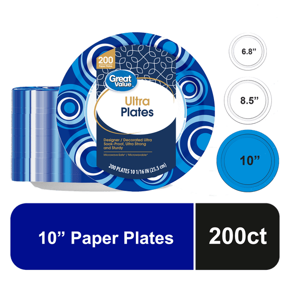 Great Value Ultra Disposable Paper Plates, 10", 200 Count