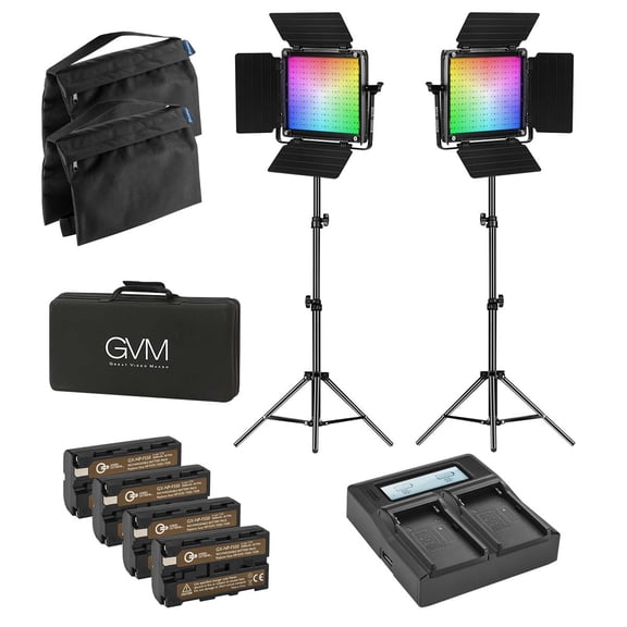 GVM 800D 40W Bi-Color RGB Studio Soft LED Panel 2-Light Kit, Bundle with Green Extreme NP-F550 Lithium-Ion Battery, Dual Smart Charger, Smart Charger Plate, Flashpoint Saddle Sandbag