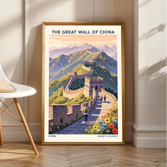 Great Wall Of China Gouache Print – Green And Blue, Orange And Red, Yellow Art | Travel Poster For Living Room, Office, Kitchen, Bedroom, Stretched Canvas Size 16x24