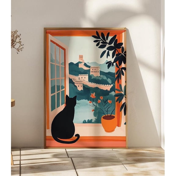 Great Wall China Open Window Art Print, Black Cat Illustration, Travel Decor, Unframed Paper Print Size 8x12