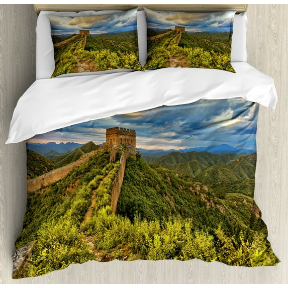 Great Wall of China Queen Size Duvet Cover Set, Exquisite Skyline on Classical Old Castle Wonder of the World Themed, Decorative 3 Piece Bedding Set with 2 Pillow Shams, Green Blue, by Ambesonne