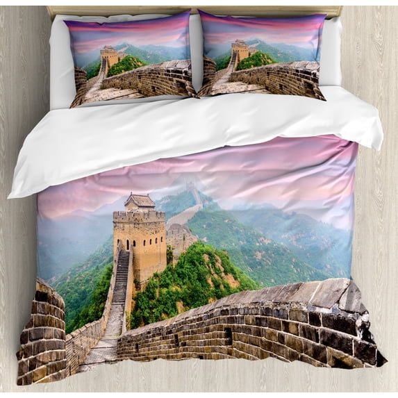 Great Wall of China Queen Size Duvet Cover Set, Fantasy Sky on Cultural Architecture Section Surrounded by Grassland Print, Decorative 3 Piece Bedding Set with 2 Pillow Shams, Multi, by Ambesonne