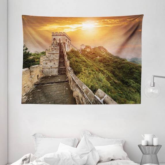 Great Wall of China Tapestry, The Magnificent Heritage of World Background Brick Borders Picture, Wall Hanging for Bedroom Living Room Dorm Decor, 80W X 60L Inches, Orange Green, by Ambesonne
