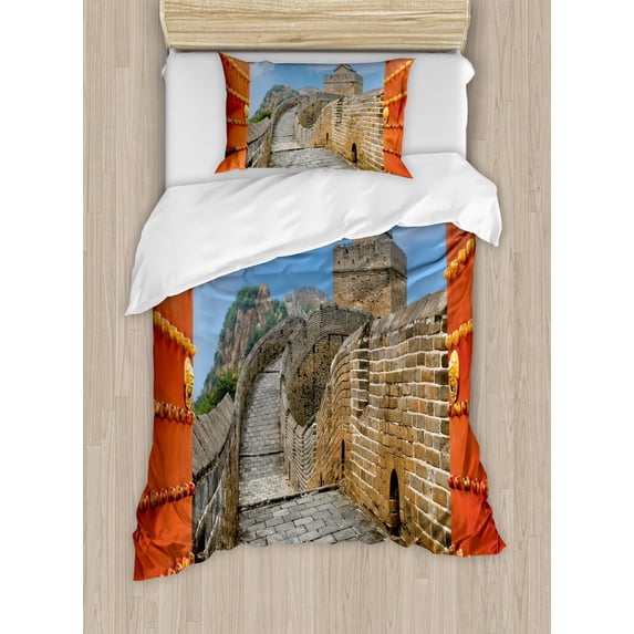 Great Wall of China Twin Size Duvet Cover Set, Majestic Cultural Defensive Longest Architecture of Silk Road Tower Image, Decorative 2 Piece Bedding Set with 1 Pillow Sham, Multi, by Ambesonne