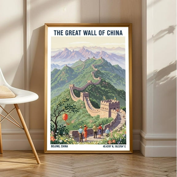 Great Wall Of China Vintage Poster – Green And Blue, Orange And Red Gouache Illustration | Chinese Travel Art For Living Room Or Office, Unframed Poster Size 12x18