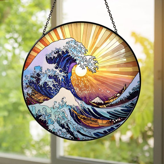 Great Wave Glass Suncatcher, Japanese Ocean Wave Window Hanging, Coastal Decor, 6.3 in