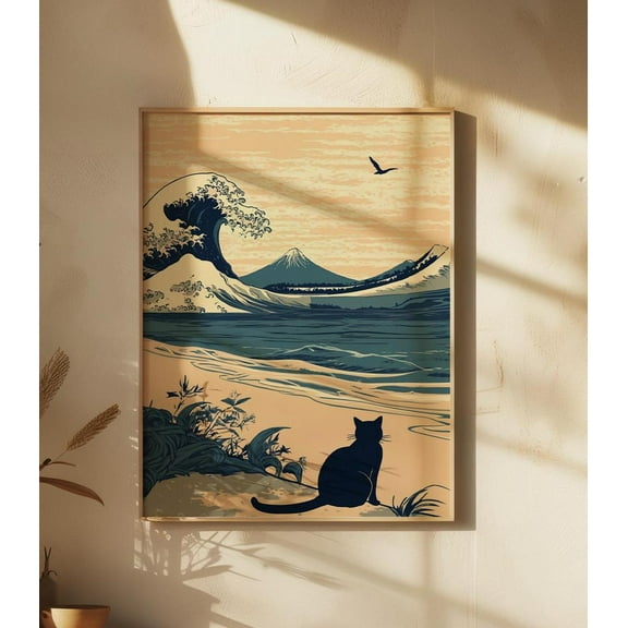 Great Wave Japanese Art Print, Black Cat Illustration, Ocean Landscape, Unframed Canvas Size 12x18