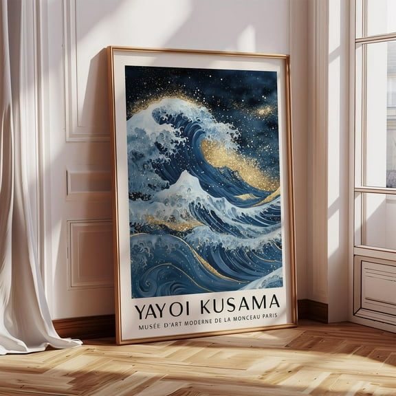 The Great Wave Japanese Artwork Gold Luxury Wall Art Inspired By Yayoi Kusama Modern Ocean Print For Living Room Or Office Wall Art, Modern Wall Decor, 16x24 UNFRAMED