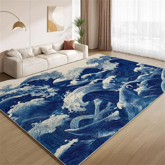 Great Wave Off Kanagawa Area Rugs, Ocean Wave Navy Blue Carpet, Washable Non Slip Low Pile Soft Rug for Living Room Bedroom Office Hallway Decor Mat 5ftx7ft