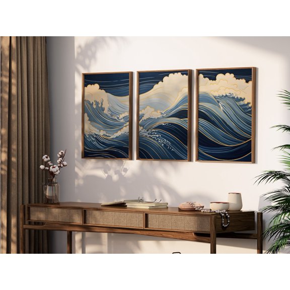 Great Wave Ocean Abstract Wall Art Set 3 Stretched Canvas 12x18