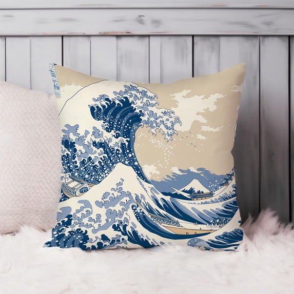 Great Wave Ocean Scene Cream Blue Polyester Velvet Throw Pillow Cover ...