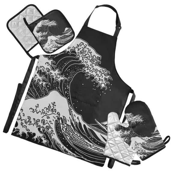 Great Wave Off Kanagawa 5 Pcs Kitchen Set Heat Resistant Oven Mitts and Non-Slip Pot Holders with Adjustable Cooking Apron