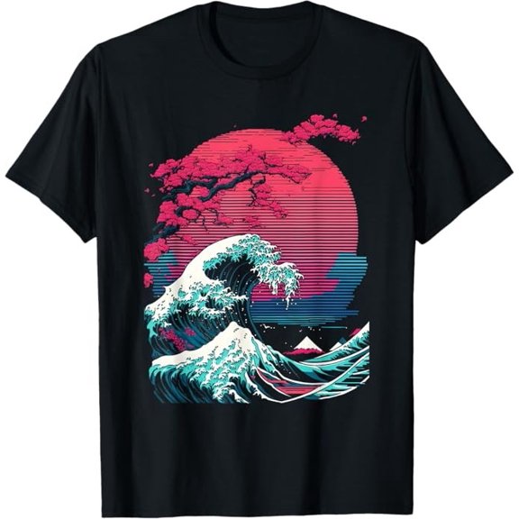 Great Wave Off Kanagawa Retro Glitch Vaporwave Art T-Shirt