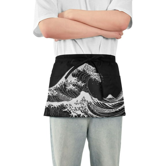 Great Wave Off Kanagawa Server Apron with 3 Pockets Waterproof Waitress Waist Short Apron for Man Woman 12 Inches