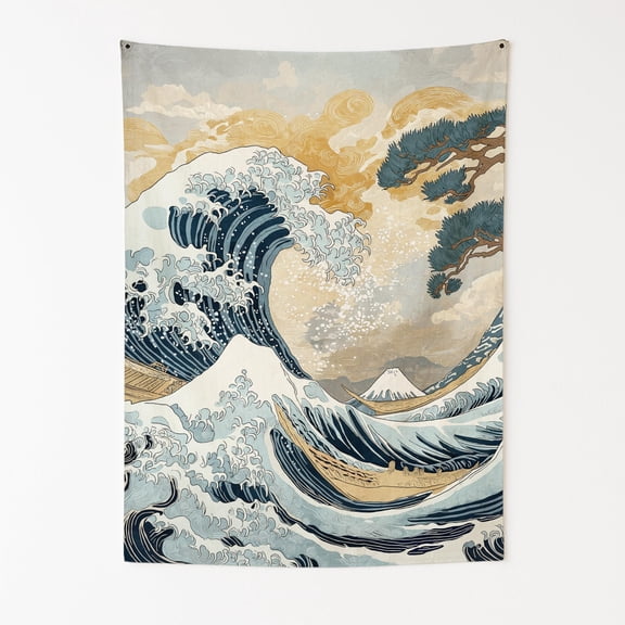The Great Wave Revival Wall Tapestry for Bedroom by DC | Japanese & Oriental Tapestry Wall Hanging & Aesthetic Decor for Dorm, Living Room, Picnic & Home | 45"x60"