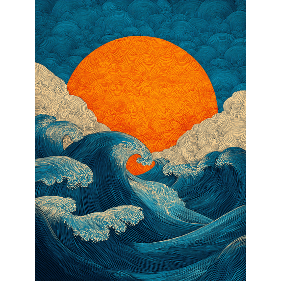 Great Wave and Sun Canvas Wall Art, Classic Ocean Art Print for Living Room, Bedroom, Office, Kitchen and Cafe Decor