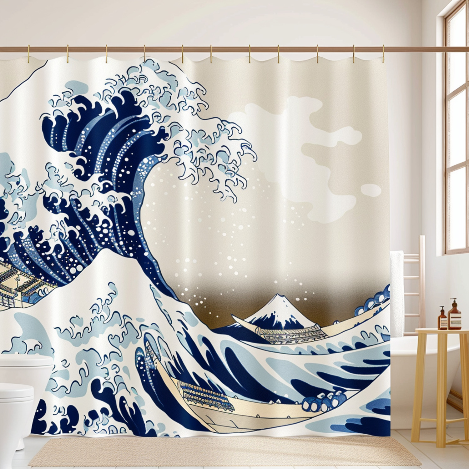 Great Wave off Kanagawa Hokusai Style Shower Curtain Pastel Blue Cream