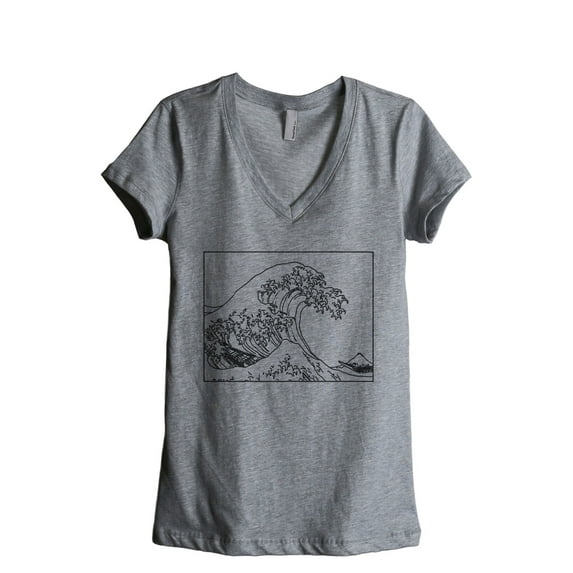 Great Waves Hokusai Women's Fashion Relaxed V-Neck T-Shirt Tee Heather Grey X-Large