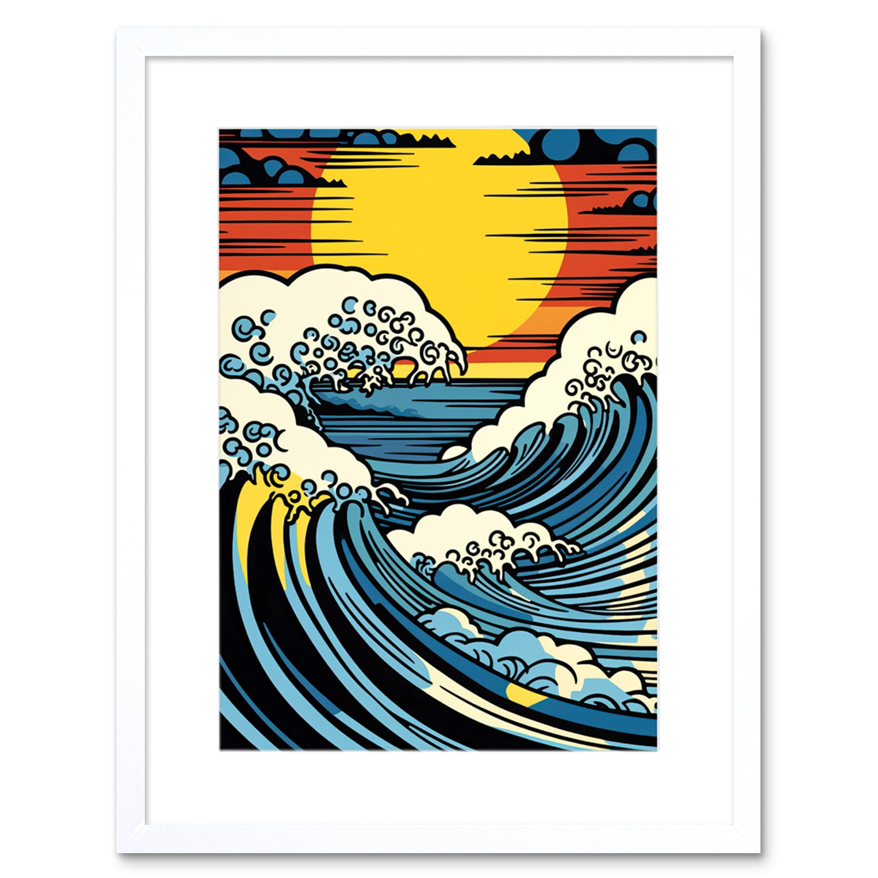 Great Waves Linocut Comic Book Style Seascape Sunset Polka Dot
