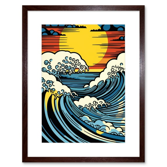 Great Waves Linocut Comic Book Style Seascape Sunset Polka Dot Halftone Artwork Framed Wall Art Print 9X7 Inch