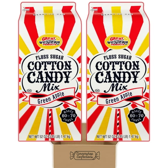 Great Western Floss Sugar Cotton Candy Mix Bundle Pack - Green Apple - 2 Individually Sealed 52 Ounce Containers - Each Makes 60-70 Cones - For Parties, Festivals in Cornershop Confections Pack