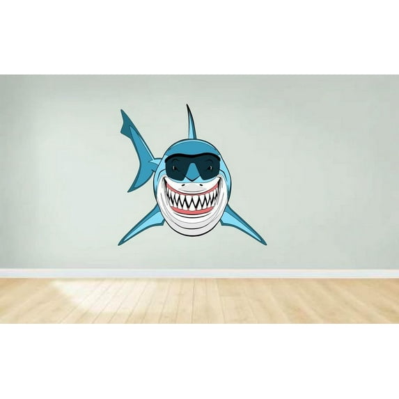 Great Whale Shark Wearing Sunglasses Cartoon Character Wall Art Sticker Vinyl Decals Girls Boys Children Baby Bedroom House School Wall Decor Removable Sticker Peel and Stick Size (40x20 inch)