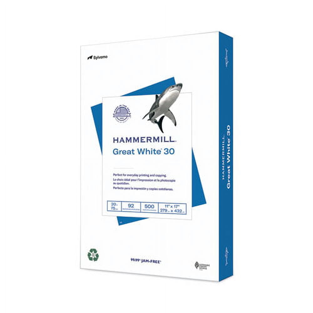 Great White 30 Recycled Print Paper, 92 Bright, 20 lb Bond Weight, 11 x 17, White, 500/Ream | Bundle of 5