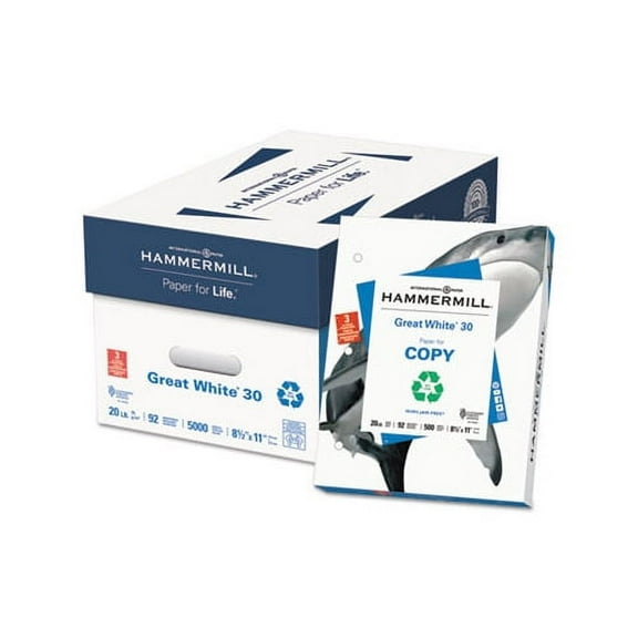 Great White 30 Recycled Print Paper 92 Bright, 3Hole, 20lb, 8.5 x 11, White, 500 Sheets/Ream, 10 Reams/Carton