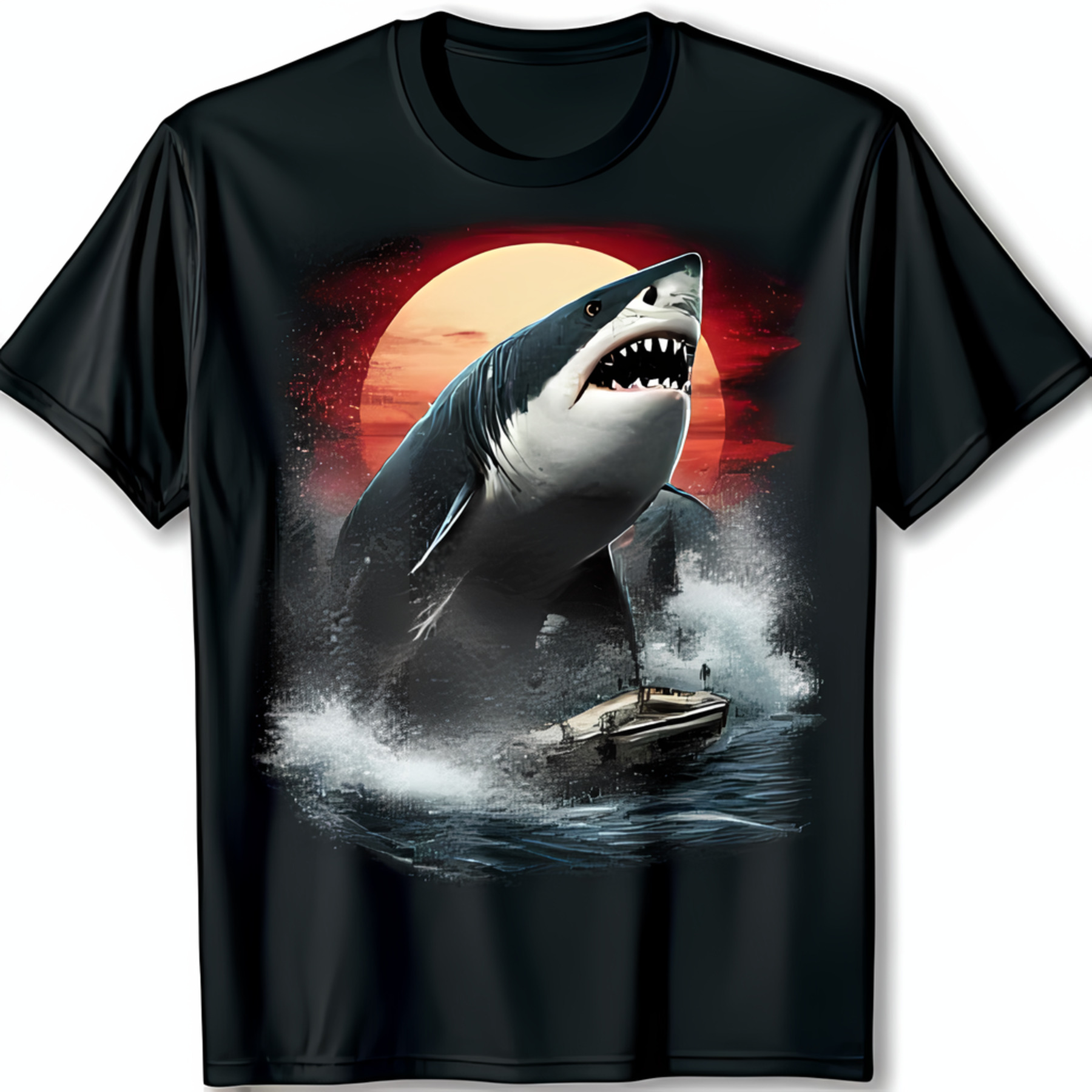Great White Breaching Graphic Black T-Shirt Dramatic Sunset Design ...