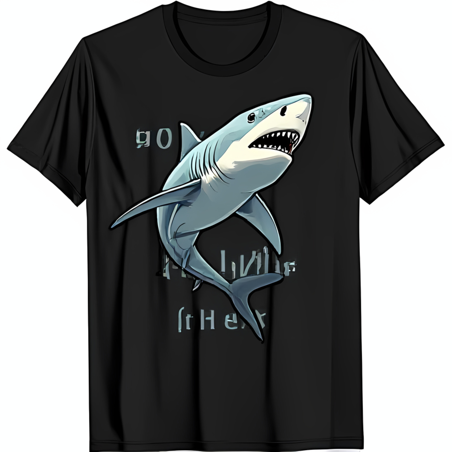 Great White Cartoon Black TShirt Design with Bold Colors