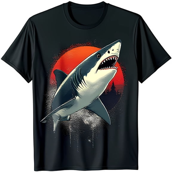 Great White Graphic Black T-Shirt with Red Sun Design
