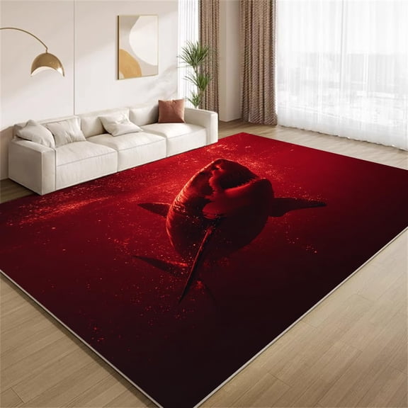 Great White Shark Area Rugs, Red Marine Animal Pattern Carpet, Washable Non Slip Low Pile Soft Rug for Living Room Bedroom Decor Mat 2x3ft