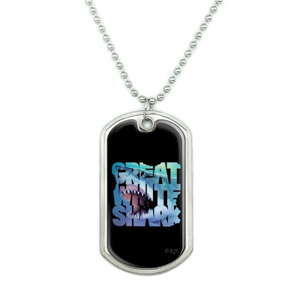 Great White Shark Bites Scuba Diving Military Dog Tag Pendant Necklace with Chain