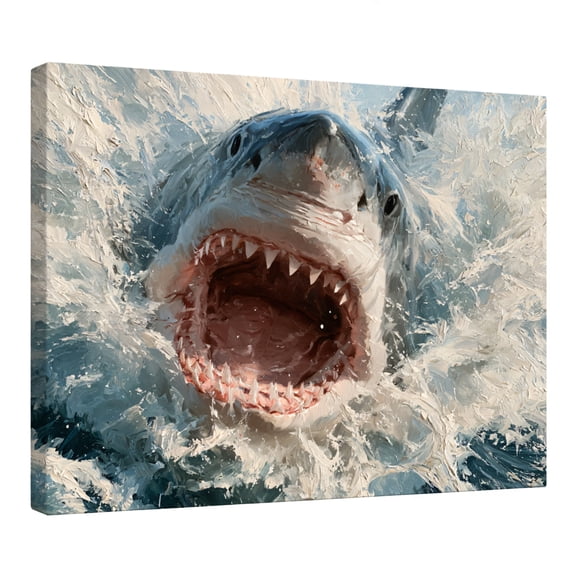 Great White Shark Canvas Wall Art, Dramatic Ocean Marine Life Artwork, Blue Coastal Nautical Sea Life Wall Decor for Living Room Bedroom Bathroom Office, 10x8 Inch