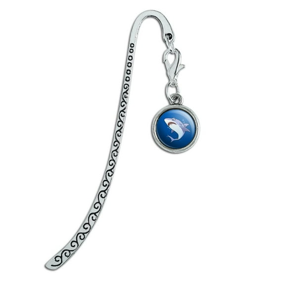 Great White Shark Cartoon in Ocean Metal Bookmark Page Marker with Charm
