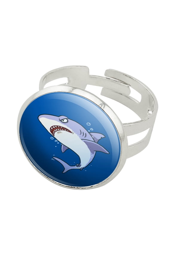 Great White Shark Cartoon in Ocean Silver Plated Adjustable Novelty Ring