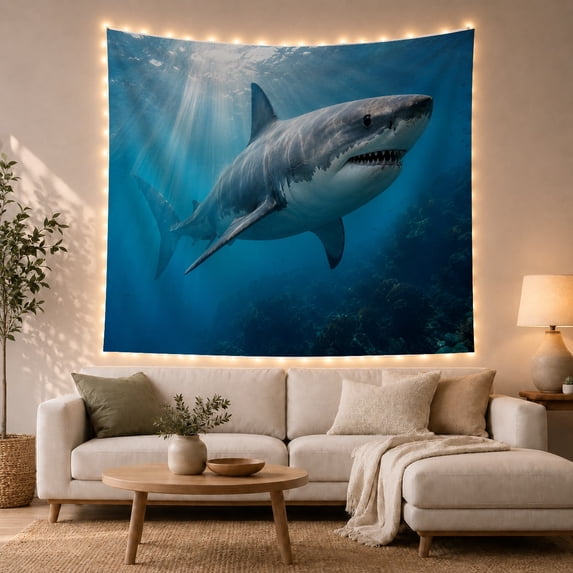 Great White Shark Over Coral Reef Water, Dramatic Coastal Style for Ocean Lovers, Marine Wall Art, Housewarming Gift, Tapestry Wall Hanging for Bedroom and Dorm