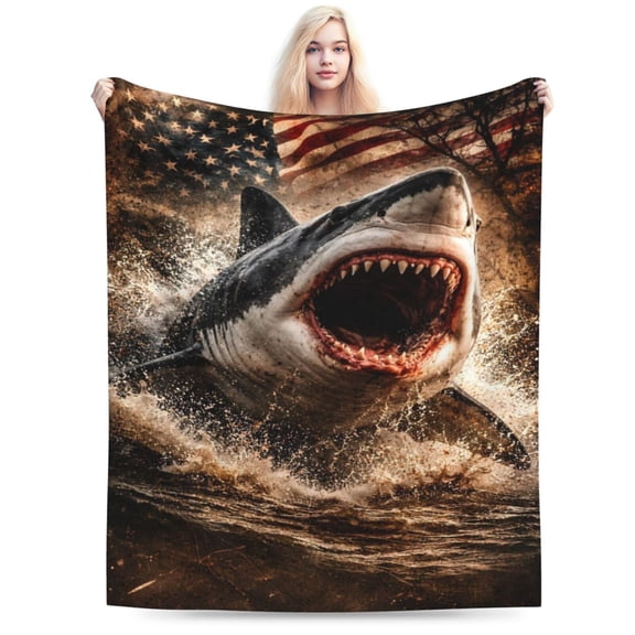 Great White Shark Fleece Throw Blanket, Fierce Shark with American Flag Patriotic Art Print, Soft Warm Lightweight Blanket for Sofa Couch Bed, Home Decor All Season 50x40