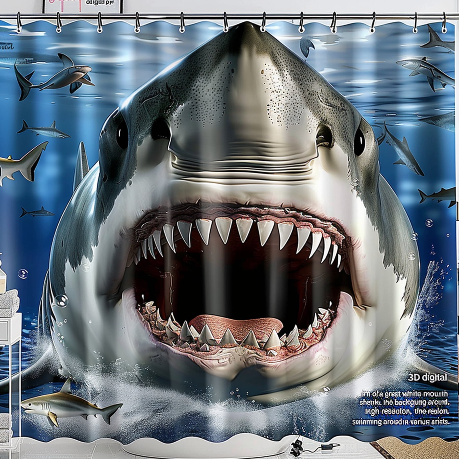 Great White Shark Mouth Shower Curtain with Hyper Realistic Design