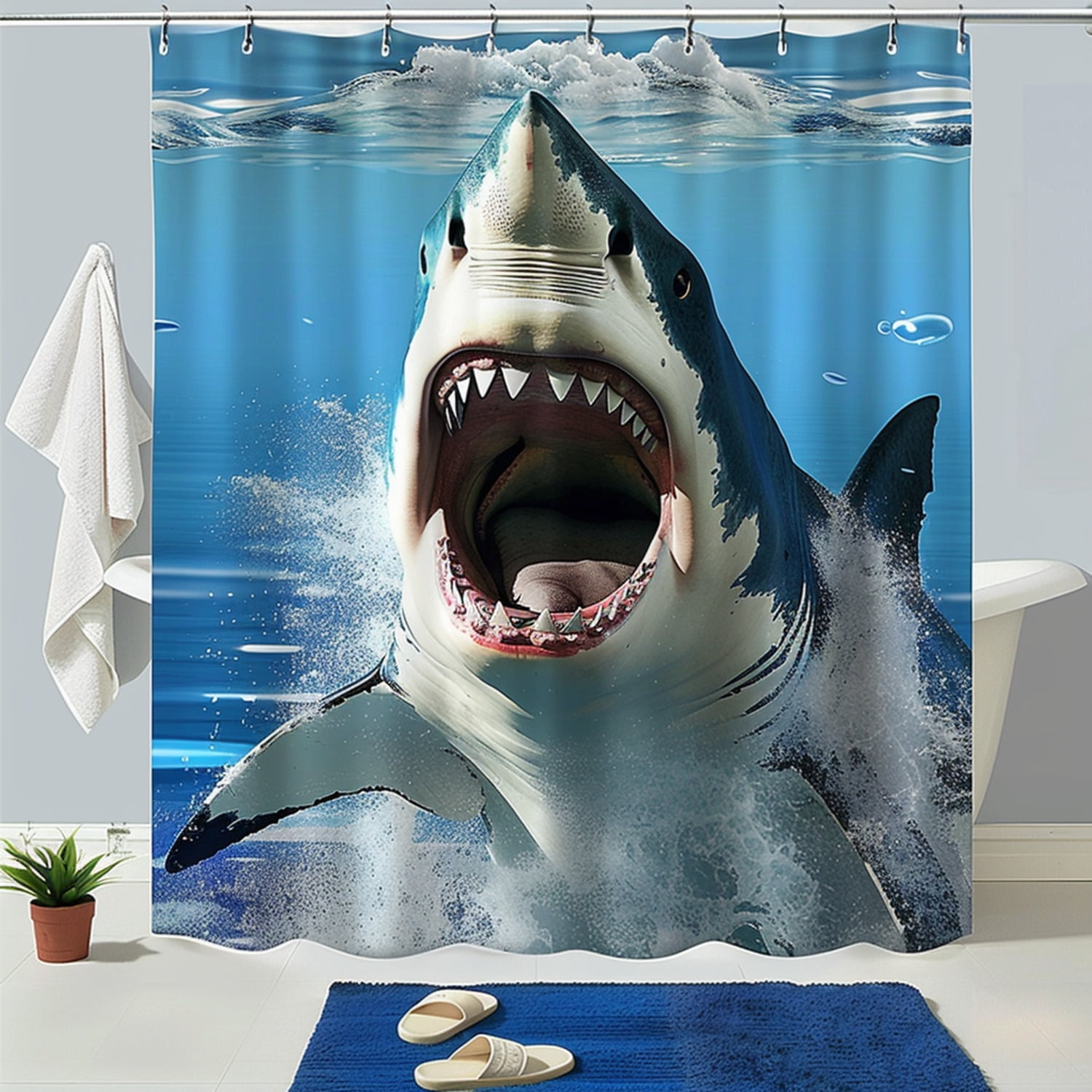 Great White Shark Ocean Jumping Bathroom Shower Curtain Set Blue Sea ...