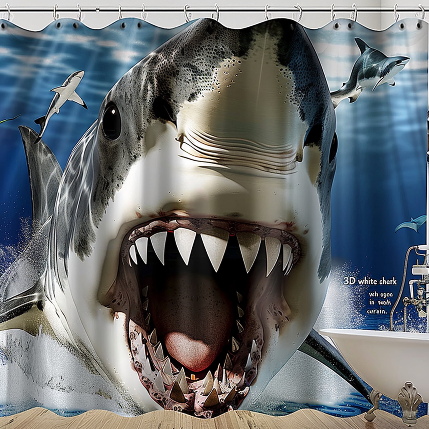 Great White Shark Ocean Shower Curtain Open Mouth with Teeth Bathroom ...