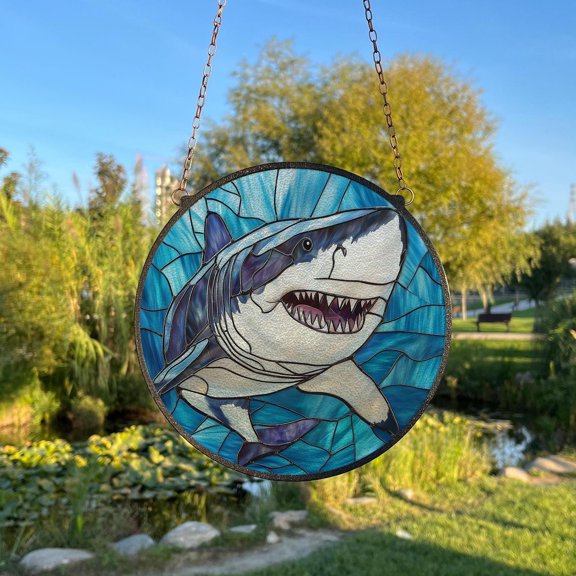 Great White Shark Painted Glass Suncatcher, Window Hanging Decor, Outdoor Sun Catcher Decor, Mirrorball Wall Decor, Suncatcher Window Hanging, 3.5 in