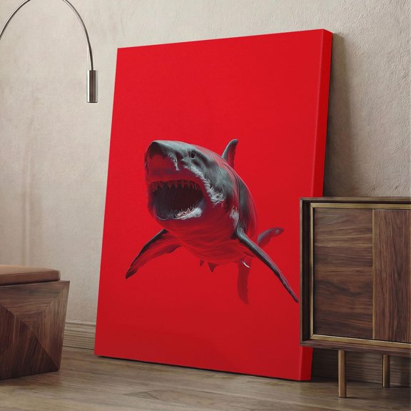 Great White Shark Print Red Background Wall Art Ocean Predator Decoration, Unframed Paper Poster 8x10in