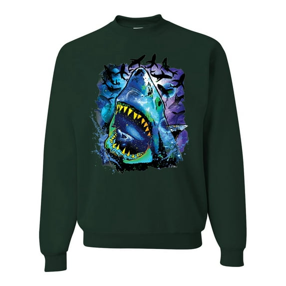 Great White Shark Species in Ocean | Mens Fishing Crewneck Graphic Sweatshirt, Forest Green, X-Large
