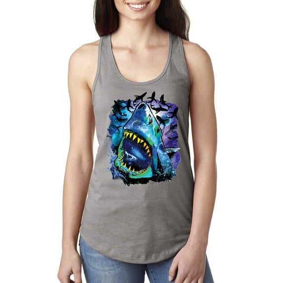 Great White Shark Species in Ocean | Womens Fishing Jersey Racerback Tank Top, Heather Grey, Small