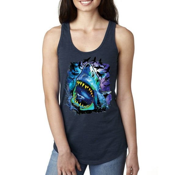 Great White Shark Species in Ocean | Womens Fishing Jersey Racerback Tank Top, Navy, Large
