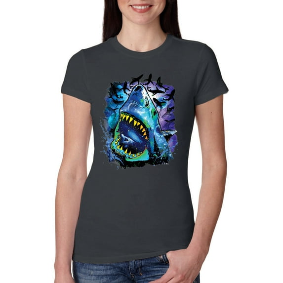 Great White Shark Species in Ocean | Womens Fishing Slim Fit Junior Tee, Dark Grey, 2XL