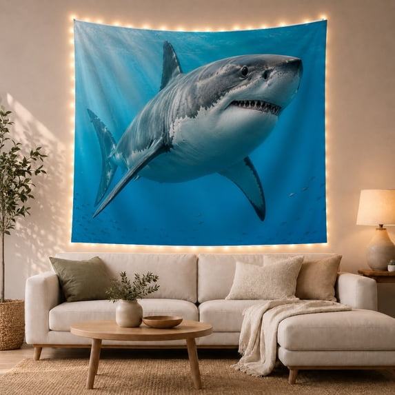 Great White Shark Swimming in Sunlit Ocean Water, Dramatic Coastal Style for Shark Lovers, Marine Wall Art, Birthday Gift, Tapestry Wall Hanging for Bedroom and Dorm