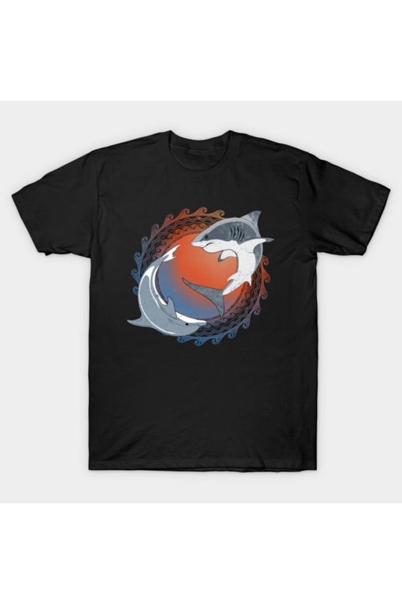 Great White Shark and Dolphin Funny Ocean Animal Graphic, H17896 Unisex T-Shirt, Up to 5XL Available