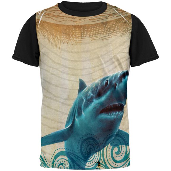 Great White Shark in Waves All Over Mens Black Back T Shirt Multi MD